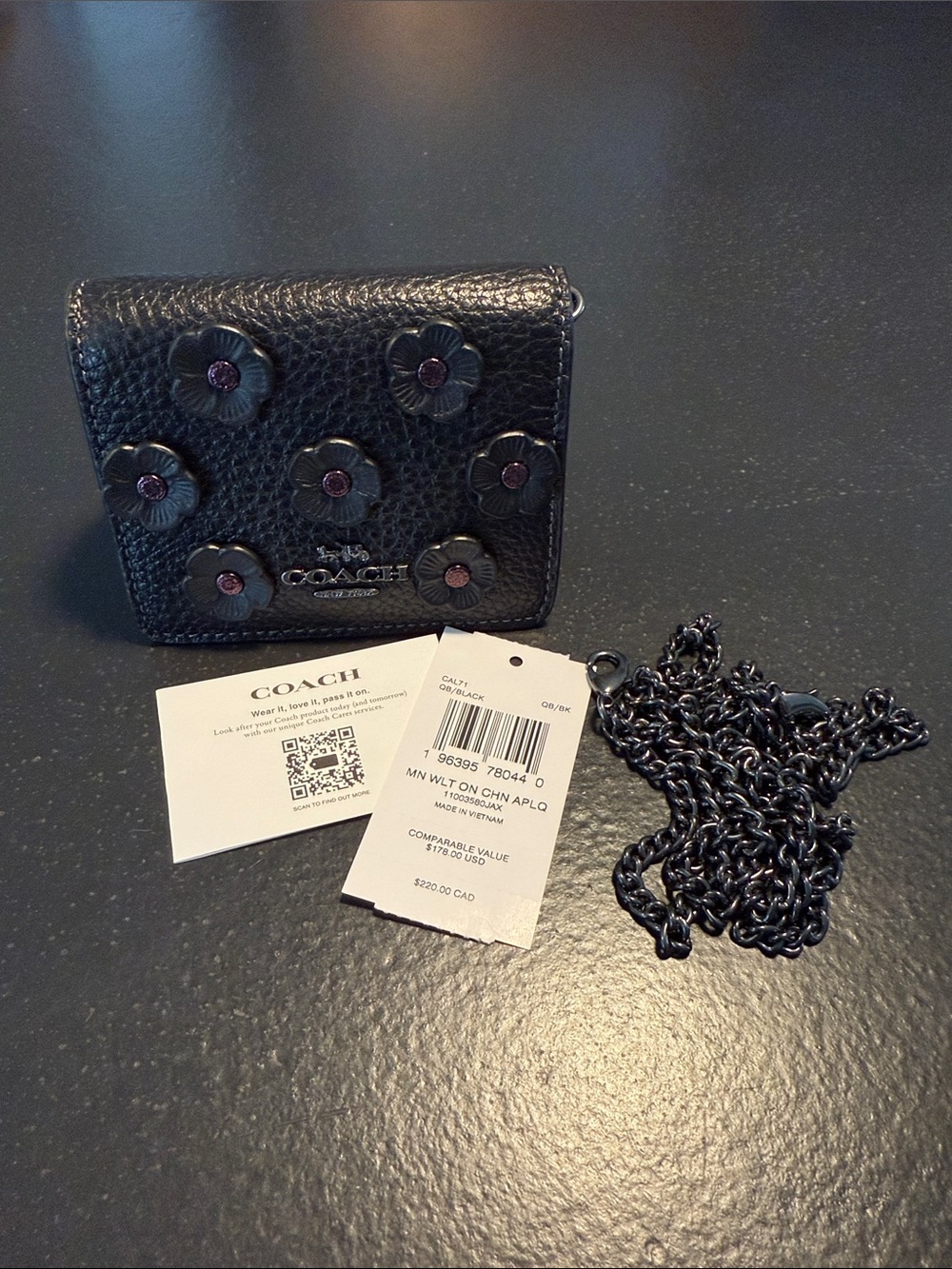 Coach Black Pebbled Leather Floral Appliqué Compact Wallet with Pink Accents